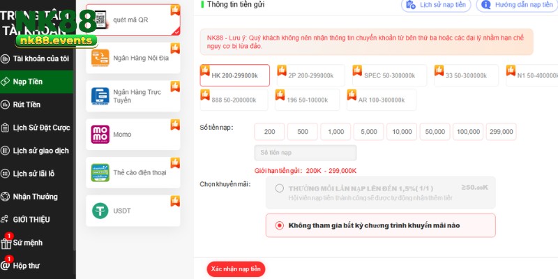 Nạp vốn trải nghiệm nk88